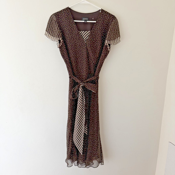 Adrianna Papell Silk Faux Wrap Dress Brown Polka Dot Pleated Sleeves Size 10 - Picture 1 of 10